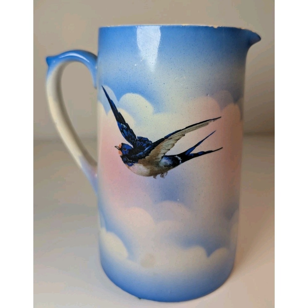 1940 Staffordshire England Blue And White Swallow Grenville Pottery Pitcher Bird - Picture 4 of 9